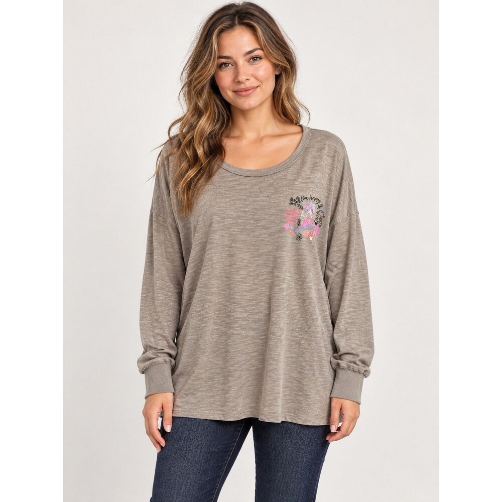 Natural Life Brown 100% Cotton Oversized Long Sleeve Cotton Hippie Doodle Tee XL